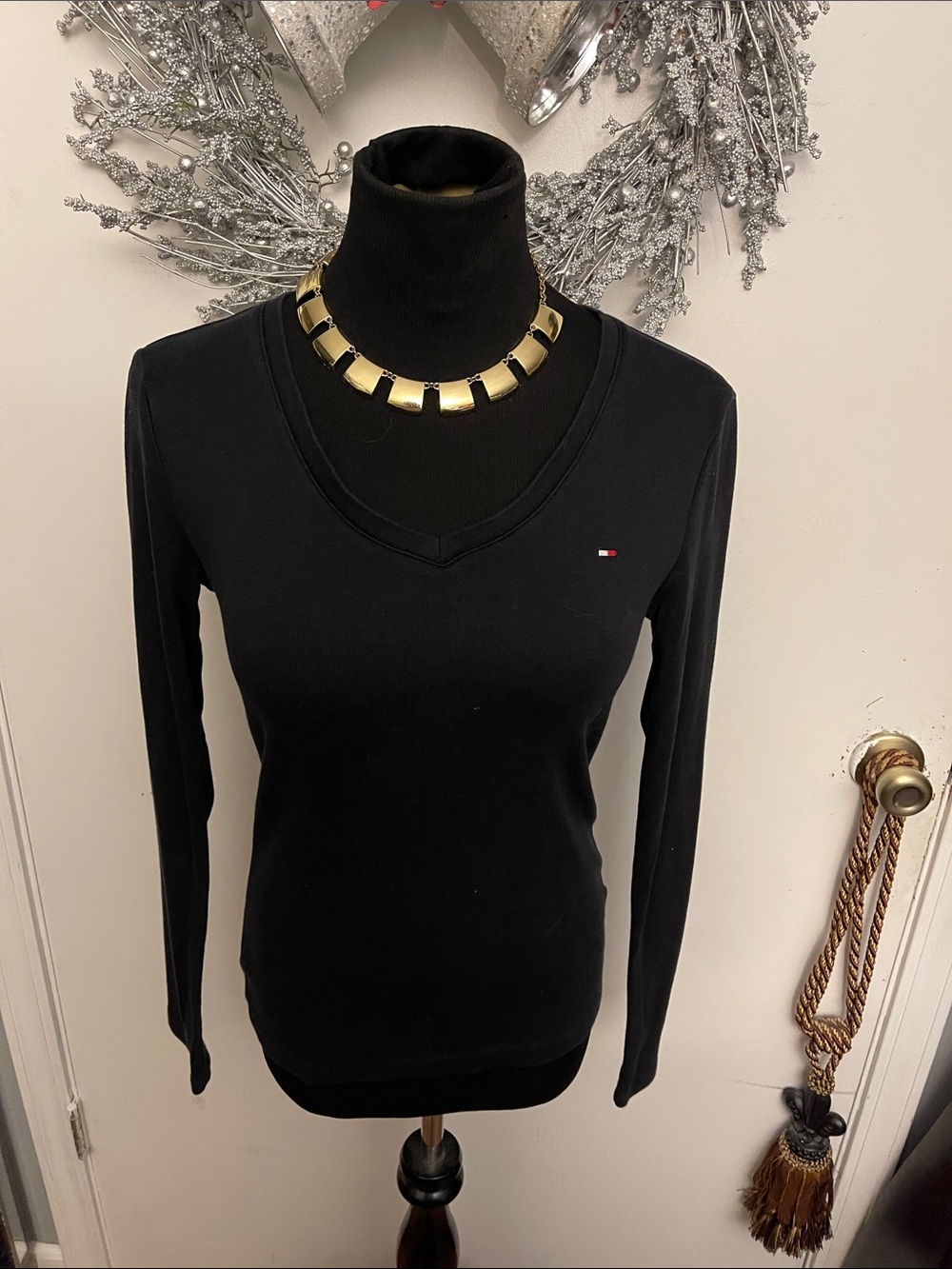 Tommy Hilfiger Black V-Neck Long Sleeve Tee with Flag Logo